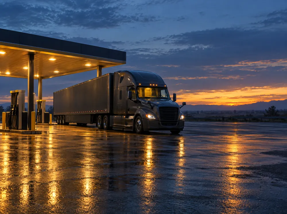 A semi truck parked at a fuel stop at dusk