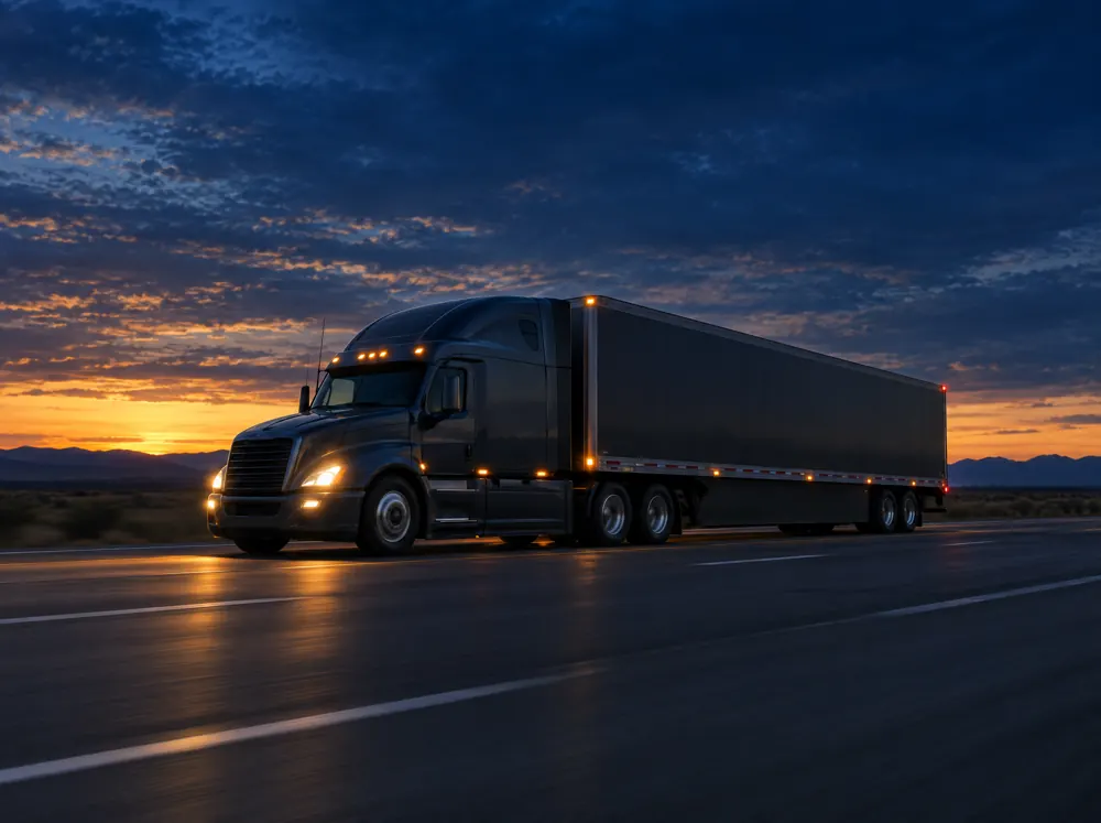 A semi truck on the open highway at sunset